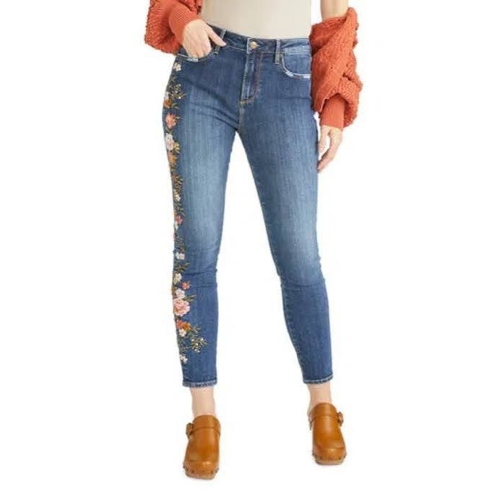 Driftwood Jackie High Rise Floral Embroidered Skinny Jeans Medium Wash 26x29